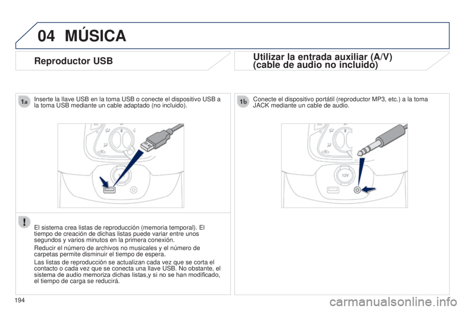 PEUGEOT 108 2014  Manual del propietario (in Spanish) 04
194
Reproductor USB
MúSICA
Utilizar la entrada auxiliar (A/V)
(cable de audio no incluido)
Inserte la llave USB en la toma USB o conecte el dispositivo USB a 
la toma USB mediante un cable adaptad