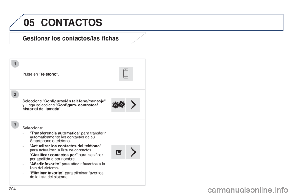 PEUGEOT 108 2014  Manual del propietario (in Spanish) 05
204Seleccione "
Configuración teléfono/mensaje " 
y luego seleccione " Configura. contactos/
historial de llamada ".
Pulse en "Teléfono".
Seleccione:
-   "Transferenc