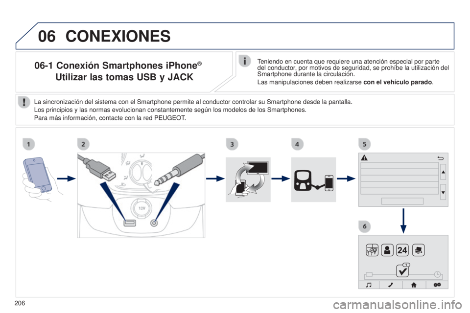 PEUGEOT 108 2014  Manual del propietario (in Spanish) 06
206
06-1 Conexión Smartphones iPhone®
  Utilizar las tomas USB y JACK
CONEXIONES
Teniendo en cuenta que requiere una atención especial por parte 
del conductor, por motivos de seguridad, se proh