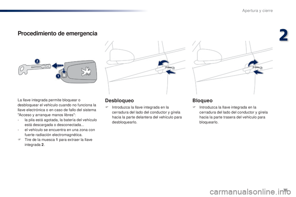 PEUGEOT 108 2014  Manual del propietario (in Spanish) 35
B3_es_Chap02_ouvertures_ed01-2014
Procedimiento de emergencia
Desbloqueo
F Introduzca la llave integrada en la cerradura del lado del conductor y gírela 
hacia la parte delantera del vehículo par