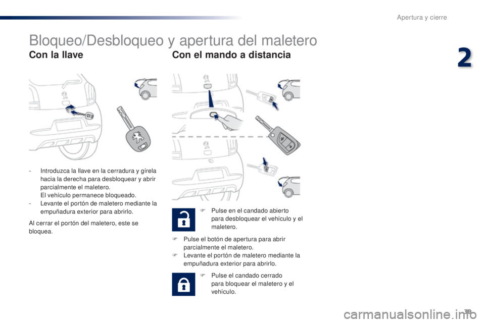 PEUGEOT 108 2014  Manual del propietario (in Spanish) 39
B3_es_Chap02_ouvertures_ed01-2014
Bloqueo/Desbloqueo y apertura del maletero
Con la llaveCon el mando a distancia
F Pulse en el candado abierto 
para desbloquear el vehículo y el 
maletero.
-
 
I
