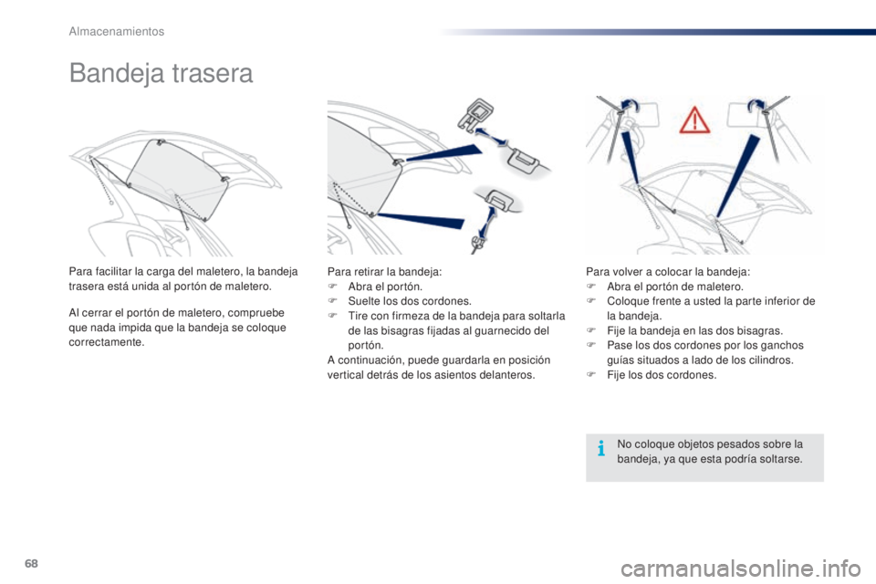 PEUGEOT 108 2014  Manual del propietario (in Spanish) 68
B3_es_Chap04_amenagements_ed01-2014
Bandeja trasera
Para facilitar la carga del maletero, la bandeja 
trasera está unida al portón de maletero.
Al cerrar el portón de maletero, compruebe 
que na