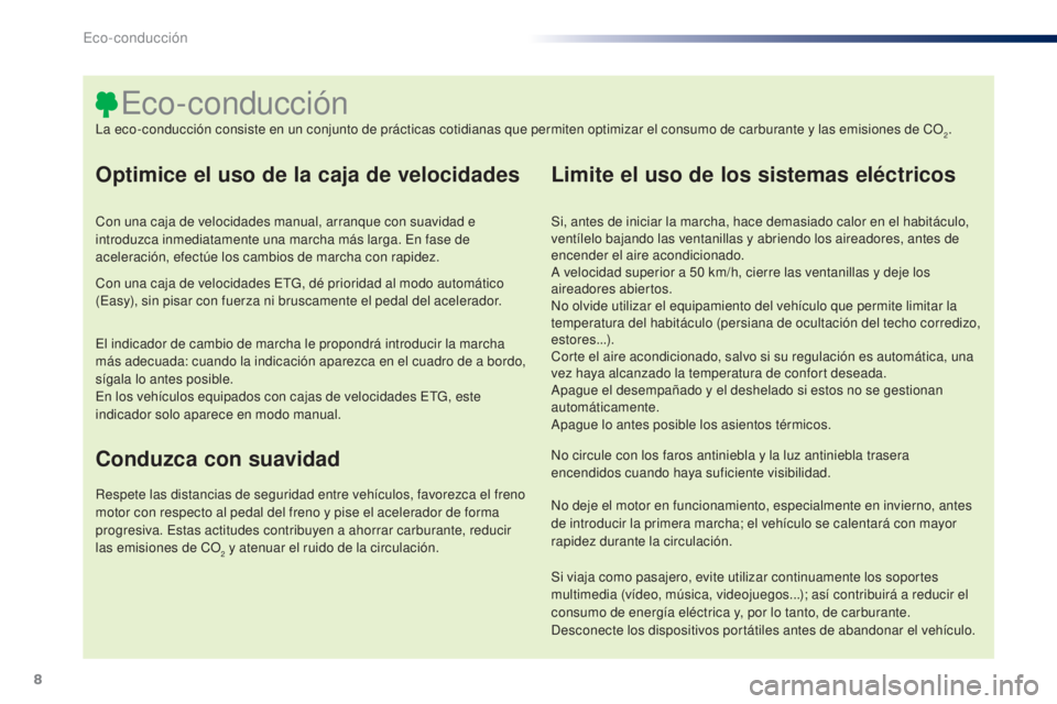 PEUGEOT 108 2014 Manual del propietario (in Spanish) 8
B3_es_Chap00c_eco-conduite_ed01-2014
Optimice el uso de la caja de velocidades
Con una caja de velocidades manual, arranque con suavidad e
introduzca inmediatamente una marcha más larga. En fase d PEUGEOT 108 2014 Manual del propietario (in Spanish) 8
B3_es_Chap00c_eco-conduite_ed01-2014
Optimice el uso de la caja de velocidades
Con una caja de velocidades manual, arranque con suavidad e
introduzca inmediatamente una marcha más larga. En fase d