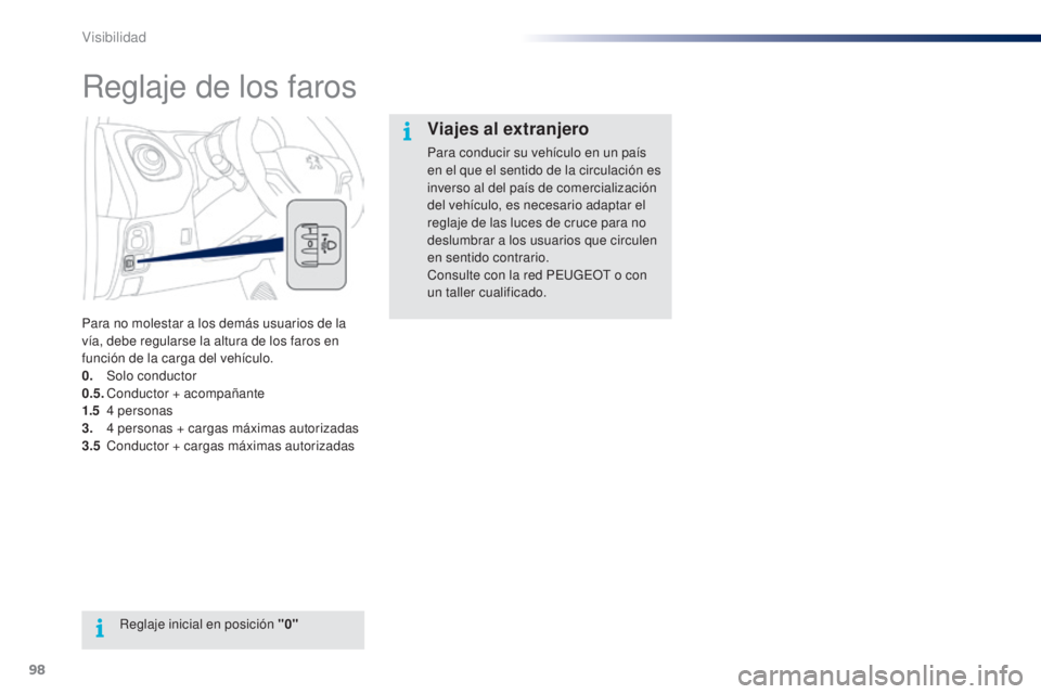 PEUGEOT 108 2014  Manual del propietario (in Spanish) 98
B3_es_Chap06_visibilite_ed01-2014
Reglaje de los faros
Para no molestar a los demás usuarios de la 
vía, debe regularse la altura de los faros en 
función de la carga del vehículo.
0.
 Sol
o co