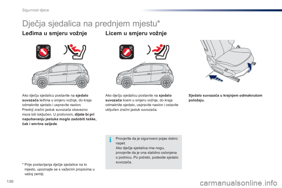 PEUGEOT 108 2014  Upute Za Rukovanje (in Croatian) 120
Dječja sjedalica na prednjem mjestu*
Leđima u smjeru vožnje Licem u smjeru vožnje
Sjedalo suvozača u krajnjem odmaknutom 
položaju.
Provjerite da je sigurnosni pojas dobro 
napet.
Ako dječj
