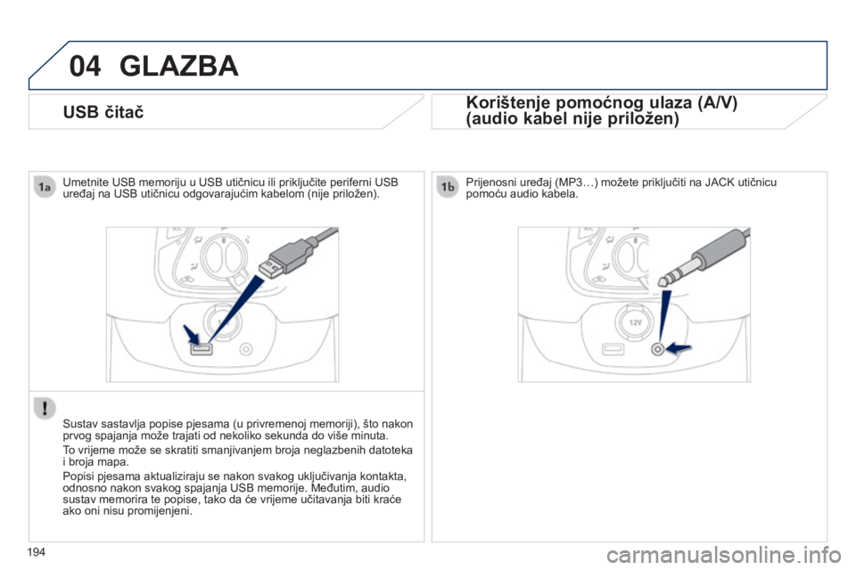 PEUGEOT 108 2014  Upute Za Rukovanje (in Croatian) 04
194
USB čitač
GLAZBA
Korištenje pomoćnog ulaza (A/V)
(audio kabel nije priložen)
Umetnite USB memoriju u USB utičnicu ili priključite periferni USB 
uređaj na USB utičnicu odgovarajućim k