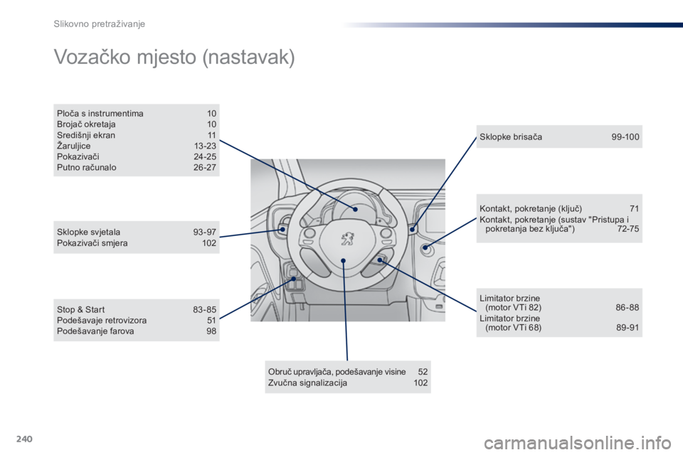 PEUGEOT 108 2014  Upute Za Rukovanje (in Croatian) 240
Obruč upravljača, podešavanje visine 52
Zvučna signalizacija 1 02Kontakt, pokretanje (ključ)
 
7
 1
Kontakt, pokretanje (sustav "Pristupa i  pokretanja bez ključa")  
7
 2-75
Ploča 