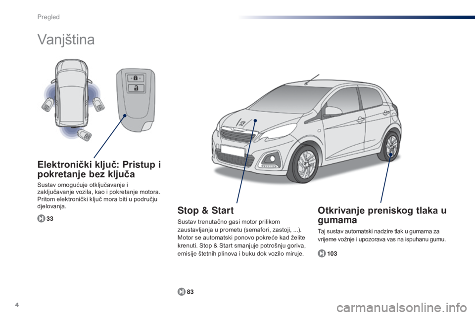 PEUGEOT 108 2014  Upute Za Rukovanje (in Croatian) 4
Vanjština
103
83
33
Elektronički ključ: Pristup i 
pokretanje bez ključa
Sustav omogućuje otključavanje i 
zaključavanje vozila, kao i pokretanje motora. 
Pritom elektronički ključ mora bit