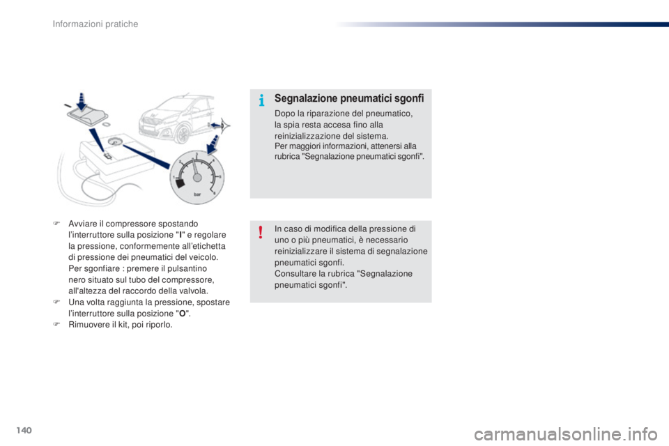 PEUGEOT 108 2014  Manuale duso (in Italian) 140
In caso di modifica della pressione di 
uno o più pneumatici, è necessario 
reinizializzare il sistema di segnalazione 
pneumatici sgonfi.
Consultare la rubrica "Segnalazione 
pneumatici sgo