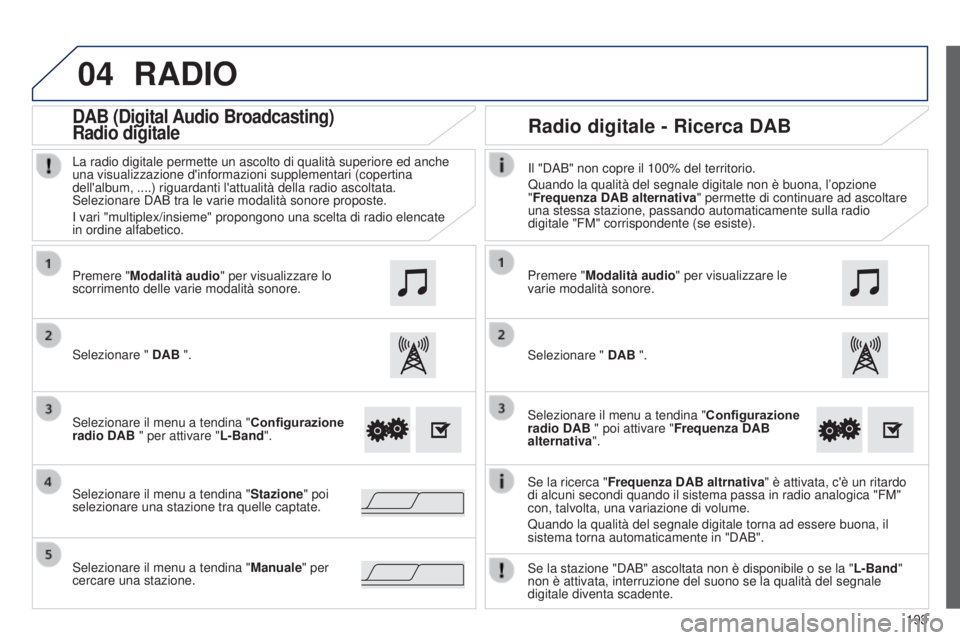 PEUGEOT 108 2014  Manuale duso (in Italian) 04
193
RADIO
Se la ricerca "Frequenza DAB altrnativa" è attivata, c'è un ritardo 
di alcuni secondi quando il sistema passa in radio analogica "FM" 
con, talvolta, una variazione