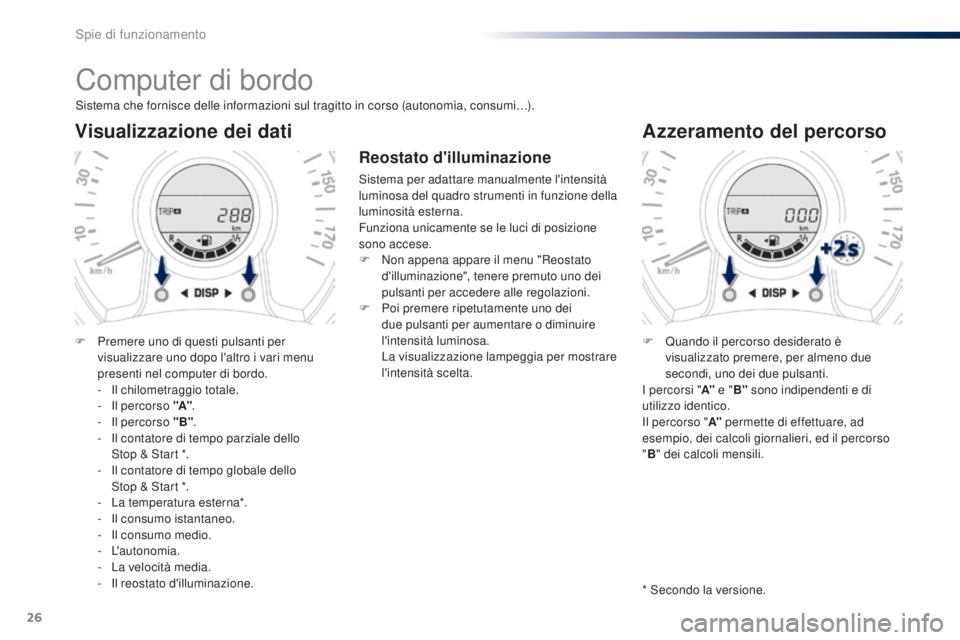 PEUGEOT 108 2014 Manuale duso (in Italian) 26
Computer di bordo
Sistema che fornisce delle informazioni sul tragitto in corso (autonomia, consumi…).
Visualizzazione dei dati
F Premere uno di questi pulsanti per visualizzare uno dopo l'al PEUGEOT 108 2014 Manuale duso (in Italian) 26
Computer di bordo
Sistema che fornisce delle informazioni sul tragitto in corso (autonomia, consumi…).
Visualizzazione dei dati
F Premere uno di questi pulsanti per visualizzare uno dopo l'al