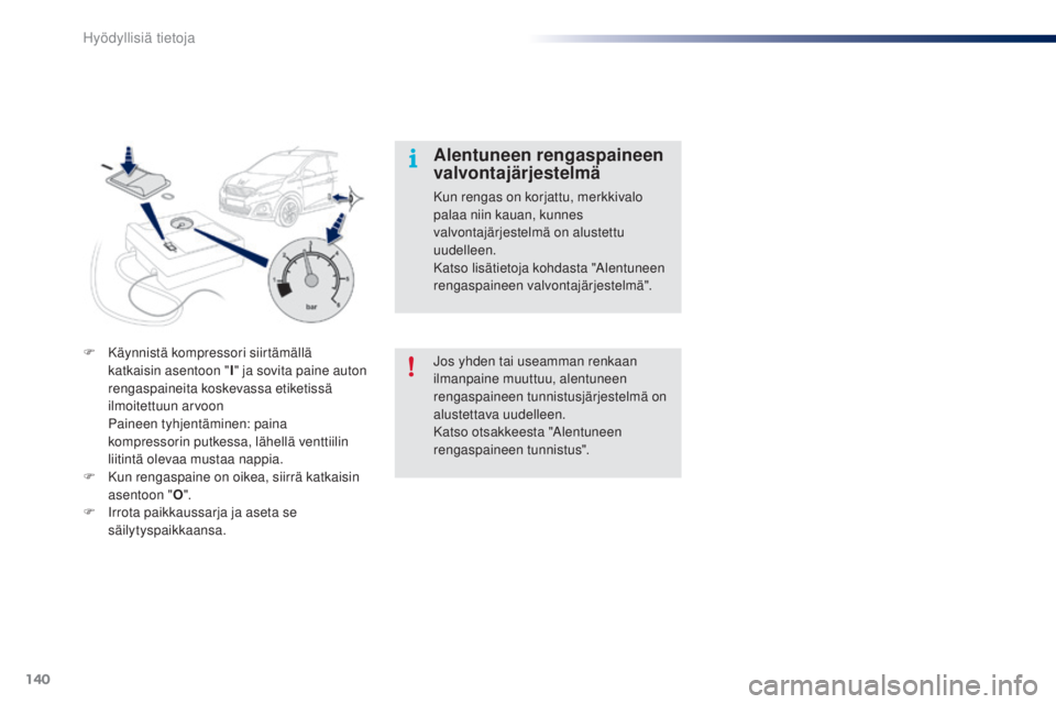PEUGEOT 108 2014  Omistajan Käsikirja (in Finnish) 140
B3_fi_Chap09_info-pratiques_ed01-2014
B3_fi_Chap09_info-pratiques_ed01-2014
Jos yhden tai useamman renkaan 
ilmanpaine muuttuu, alentuneen 
rengaspaineen tunnistusjärjestelmä on 
alustettava uud
