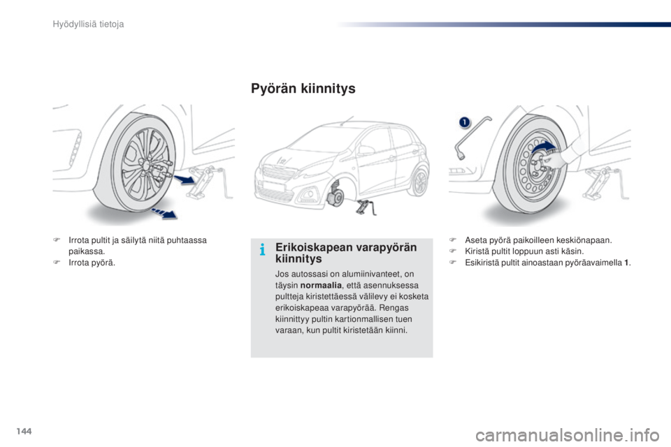 PEUGEOT 108 2014  Omistajan Käsikirja (in Finnish) 144
B3_fi_Chap09_info-pratiques_ed01-2014
B3_fi_Chap09_info-pratiques_ed01-2014
Erikoiskapean varapyörän 
kiinnitys
Jos autossasi on alumiinivanteet, on 
täysin normaalia, että asennuksessa 
pultt