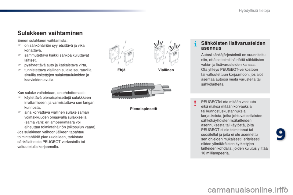 PEUGEOT 108 2014 Omistajan Käsikirja (in Finnish) 153
B3_fi_Chap09_info-pratiques_ed01-2014
B3_fi_Chap09_info-pratiques_ed01-2014
Ennen sulakkeen vaihtamista:
F o n sähköhäiriön syy etsittävä ja vika
korjattava,
F
s
ammutettava kaikki sähk PEUGEOT 108 2014 Omistajan Käsikirja (in Finnish) 153
B3_fi_Chap09_info-pratiques_ed01-2014
B3_fi_Chap09_info-pratiques_ed01-2014
Ennen sulakkeen vaihtamista:
F o n sähköhäiriön syy etsittävä ja vika
korjattava,
F
s
ammutettava kaikki sähk
