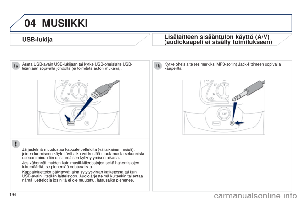 PEUGEOT 108 2014  Omistajan Käsikirja (in Finnish) 04
194
USB-lukija
MUSIIKKI
Lisälaitteen sisääntulon käyttö (A/V)
(audiokaapeli ei sisälly toimitukseen)
Aseta USB-avain USB-lukijaan tai kytke USB-oheislaite USB-
liitäntään sopivalla johdoll