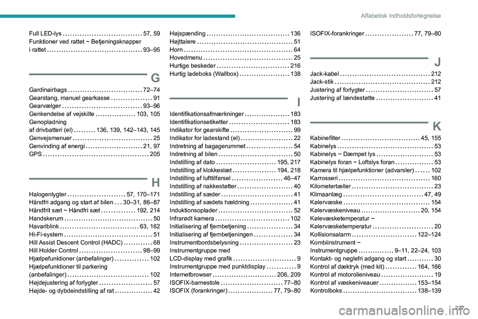 PEUGEOT 2008 2021  Brugsanvisning (in Danish) 227
Alfabetisk indholdsfortegnelse
Full LED-lys    57, 59
Funktioner ved rattet ~ Betjeningsknapper  
i rattet
    
93–95
G
Gardinairbags     72–74
Gearstang, manuel gearkasse     
91
Gearvælger
