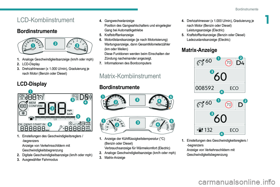 PEUGEOT 2008 2021 Betriebsanleitungen (in German) 9
Bordinstrumente
1LCD-Kombiinstrument
Bordinstrumente
1.Analoge Geschwindigkeitsanzeige (km/h oder mph)
2. LCD-Display
3. Drehzahlmesser (x 1.000 U/min), Graduierung je
nach Motor (Benzin oder Di PEUGEOT 2008 2021 Betriebsanleitungen (in German) 9
Bordinstrumente
1LCD-Kombiinstrument
Bordinstrumente
1.Analoge Geschwindigkeitsanzeige (km/h oder mph)
2. LCD-Display
3. Drehzahlmesser (x 1.000 U/min), Graduierung je
nach Motor (Benzin oder Di