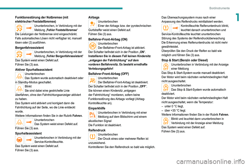 PEUGEOT 2008 2021 Betriebsanleitungen (in German) 17
Bordinstrumente
1Funktionsstörung der Notbremse (mit
elektrischer Feststellbremse)
Ununterbrochen, in Verbindung mit der Meldung „Fehler Feststellbremse“
Die Leistungen der Notbremse sind ein PEUGEOT 2008 2021 Betriebsanleitungen (in German) 17
Bordinstrumente
1Funktionsstörung der Notbremse (mit
elektrischer Feststellbremse)
Ununterbrochen, in Verbindung mit der Meldung „Fehler Feststellbremse“
Die Leistungen der Notbremse sind ein