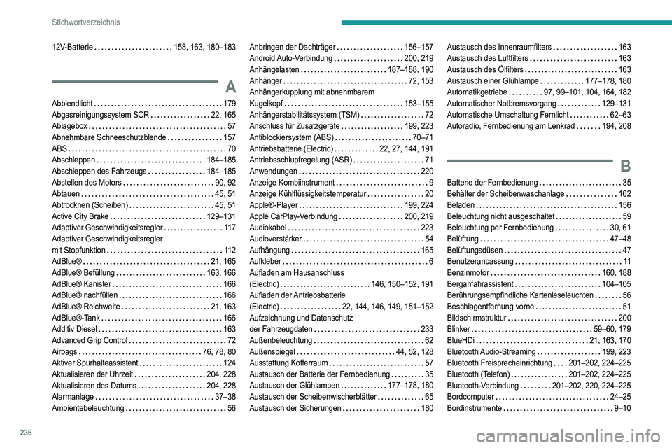PEUGEOT 2008 2021  Betriebsanleitungen (in German) 236
Stichwortverzeichnis
12V-Batterie     158, 163, 180–183
A
Abblendlicht     179
Abgasreinigungssystem SCR    
22, 165
Ablagebox
    
57
Abnehmbare Schneeschutzblende
   
157
ABS
    
70
Abschlepp