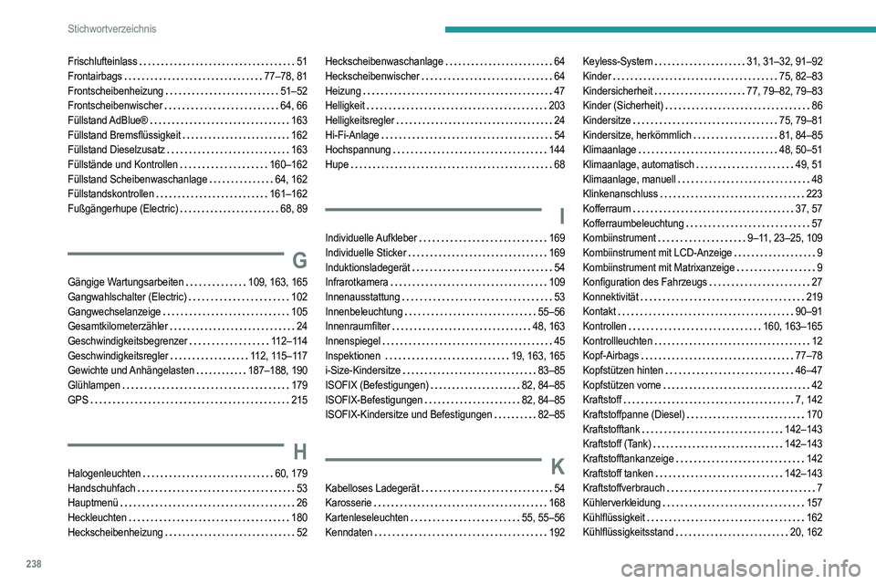 PEUGEOT 2008 2021  Betriebsanleitungen (in German) 238
Stichwortverzeichnis
Frischlufteinlass     51
Frontairbags     
77–78, 81
Frontscheibenheizung
    
51–52
Frontscheibenwischer
    
64, 66
Füllstand AdBlue®
    
163
Füllstand Bremsflüssig