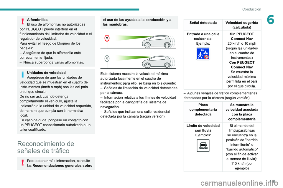 PEUGEOT 2008 2021 Manual del propietario (in Spanish) 11 5
Conducción
6Alfombrillas
El uso de alfombrillas no autorizadas
por PEUGEOT puede interferir en el
funcionamiento del limitador de velocidad o el
regulador de velocidad.
Para evitar el riesgo PEUGEOT 2008 2021 Manual del propietario (in Spanish) 11 5
Conducción
6Alfombrillas
El uso de alfombrillas no autorizadas
por PEUGEOT puede interferir en el
funcionamiento del limitador de velocidad o el
regulador de velocidad.
Para evitar el riesgo