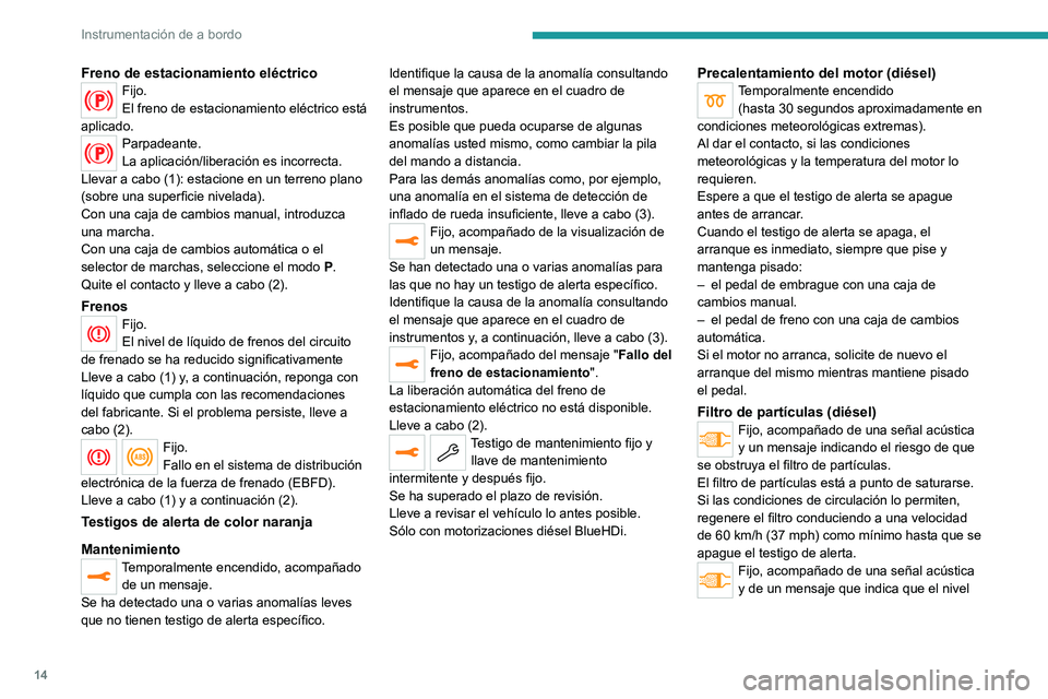 PEUGEOT 2008 2021 Manual del propietario (in Spanish) 14
Instrumentación de a bordo
Freno de estacionamiento eléctricoFijo.
El freno de estacionamiento eléctrico está
aplicado.
Parpadeante.
La aplicación/liberación es incorrecta.
Llevar a cabo (1) PEUGEOT 2008 2021 Manual del propietario (in Spanish) 14
Instrumentación de a bordo
Freno de estacionamiento eléctricoFijo.
El freno de estacionamiento eléctrico está
aplicado.
Parpadeante.
La aplicación/liberación es incorrecta.
Llevar a cabo (1)