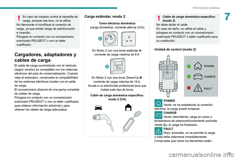 PEUGEOT 2008 2021 Manual del propietario (in Spanish) 153
Información práctica
7En caso de impacto contra la trampilla de
carga, aunque sea leve, no la utilice.
No desmonte ni modifique el conector de
carga, ya que existe riesgo de electrocución
e PEUGEOT 2008 2021 Manual del propietario (in Spanish) 153
Información práctica
7En caso de impacto contra la trampilla de
carga, aunque sea leve, no la utilice.
No desmonte ni modifique el conector de
carga, ya que existe riesgo de electrocución
e