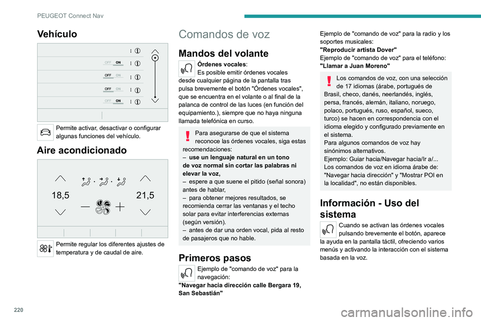 PEUGEOT 2008 2021 Manual del propietario (in Spanish) 220
PEUGEOT Connect Nav
Vehículo
Permite activar, desactivar o configurar
algunas funciones del vehículo.
Aire acondicionado
21,518,5
Permite regular los diferentes ajustes de
temperatura y PEUGEOT 2008 2021 Manual del propietario (in Spanish) 220
PEUGEOT Connect Nav
Vehículo
Permite activar, desactivar o configurar
algunas funciones del vehículo.
Aire acondicionado
21,518,5
Permite regular los diferentes ajustes de
temperatura y