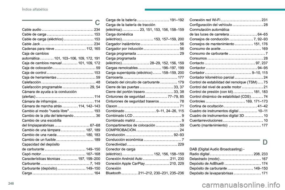 PEUGEOT 2008 2021 Manual del propietario (in Spanish) 248
Índice alfabético
C
Cable audio 234
Cable de carga
153
Cable de carga (eléctrico)
153
Cable Jack
234
Cadenas para nieve
112, 165
Caja de cambios
automática
101, 1 PEUGEOT 2008 2021 Manual del propietario (in Spanish) 248
Índice alfabético
C
Cable audio 234
Cable de carga
153
Cable de carga (eléctrico)
153
Cable Jack
234
Cadenas para nieve
112, 165
Caja de cambios
automática
101, 1
