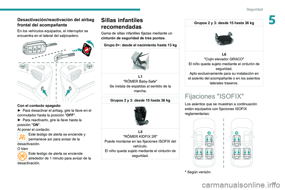 PEUGEOT 2008 2021 Manual del propietario (in Spanish) 85
Seguridad
5Desactivación/reactivación del airbag
frontal del acompañante
En los vehículos equipados, el interruptor se
encuentra en el lateral del salpicadero.
Con el contacto apagado:
PEUGEOT 2008 2021 Manual del propietario (in Spanish) 85
Seguridad
5Desactivación/reactivación del airbag
frontal del acompañante
En los vehículos equipados, el interruptor se
encuentra en el lateral del salpicadero.
Con el contacto apagado: