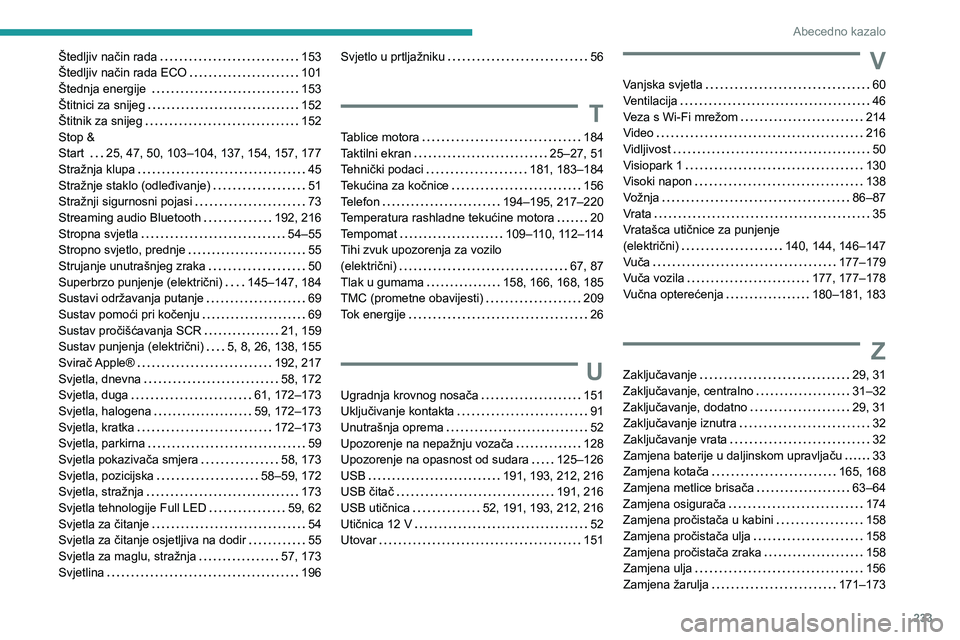 PEUGEOT 2008 2021 Upute Za Rukovanje (in Croatian) 233
Abecedno kazalo
Štedljiv način rada 153
Štedljiv način rada ECO
101
Štednja energije
153
Štitnici za snijeg
152
Štitnik za snijeg
152
Stop &
Start
25, 47, 5 PEUGEOT 2008 2021 Upute Za Rukovanje (in Croatian) 233
Abecedno kazalo
Štedljiv način rada 153
Štedljiv način rada ECO
101
Štednja energije
153
Štitnici za snijeg
152
Štitnik za snijeg
152
Stop &
Start
25, 47, 5