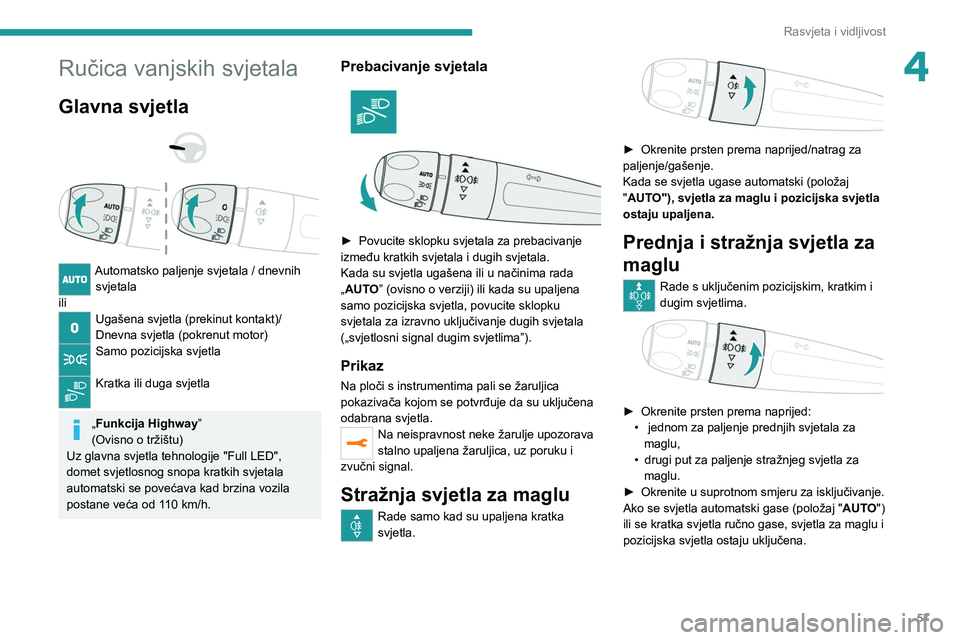PEUGEOT 2008 2021 Upute Za Rukovanje (in Croatian) 57
Rasvjeta i vidljivost
4Ručica vanjskih svjetala
Glavna svjetla
Automatsko paljenje svjetala / dnevnih svjetala
ili
Ugašena svjetla (prekinut kontakt)/
Dnevna svjetla (pokrenut motor)
Samo PEUGEOT 2008 2021 Upute Za Rukovanje (in Croatian) 57
Rasvjeta i vidljivost
4Ručica vanjskih svjetala
Glavna svjetla
Automatsko paljenje svjetala / dnevnih svjetala
ili
Ugašena svjetla (prekinut kontakt)/
Dnevna svjetla (pokrenut motor)
Samo