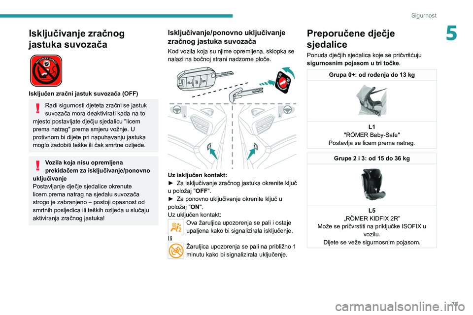 PEUGEOT 2008 2021 Upute Za Rukovanje (in Croatian) 79
Sigurnost
5Isključivanje zračnog
jastuka suvozača
Isključen zračni jastuk suvozača (OFF)
Radi sigurnosti djeteta zračni se jastuk
suvozača mora deaktivirati kada na to
mjesto postavl PEUGEOT 2008 2021 Upute Za Rukovanje (in Croatian) 79
Sigurnost
5Isključivanje zračnog
jastuka suvozača
Isključen zračni jastuk suvozača (OFF)
Radi sigurnosti djeteta zračni se jastuk
suvozača mora deaktivirati kada na to
mjesto postavl