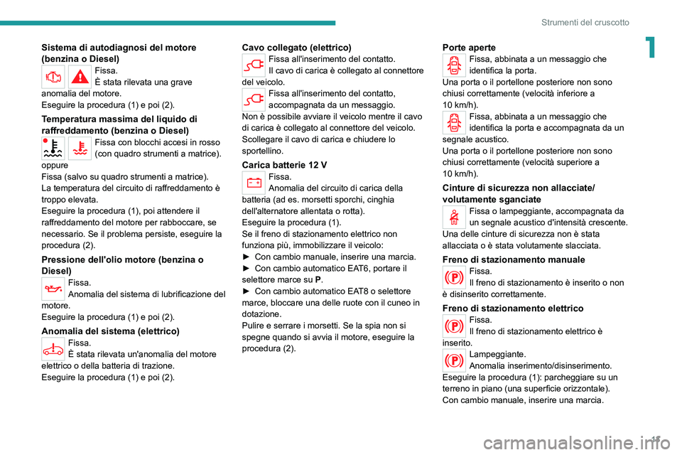 PEUGEOT 2008 2021 Manuale duso (in Italian) 13
Strumenti del cruscotto
1Sistema di autodiagnosi del motore
(benzina o Diesel)
Fissa.
È stata rilevata una grave
anomalia del motore.
Eseguire la procedura (1) e poi (2).
Temperatura massima del PEUGEOT 2008 2021 Manuale duso (in Italian) 13
Strumenti del cruscotto
1Sistema di autodiagnosi del motore
(benzina o Diesel)
Fissa.
È stata rilevata una grave
anomalia del motore.
Eseguire la procedura (1) e poi (2).
Temperatura massima del