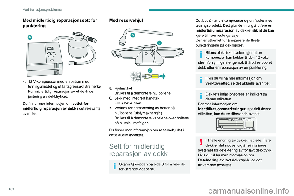 PEUGEOT 2008 2021 Instruksjoner for bruk (in Norwegian) 162
Ved funksjonsproblemer
Med midlertidig reparasjonssett for
punktering
4.12 V-kompressor med en patron med
tetningsmiddel og et fartsgrenseklistremerke
For midlertidig reparasjon av et dekk PEUGEOT 2008 2021 Instruksjoner for bruk (in Norwegian) 162
Ved funksjonsproblemer
Med midlertidig reparasjonssett for
punktering
4.12 V-kompressor med en patron med
tetningsmiddel og et fartsgrenseklistremerke
For midlertidig reparasjon av et dekk
