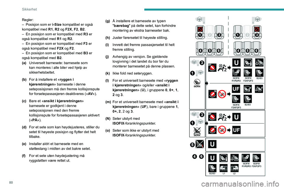 PEUGEOT 2008 2021 Instruksjoner for bruk (in Norwegian) 80
Sikkerhet
Regler:
– Posisjon som er i-Size kompatibel er også
kompatibel med R1, R2 og F2X, F2, B2.
–
En posisjon som er kompatibel med R3
er
også kompatibel med R1 og R2.
–
E PEUGEOT 2008 2021 Instruksjoner for bruk (in Norwegian) 80
Sikkerhet
Regler:
– Posisjon som er i-Size kompatibel er også
kompatibel med R1, R2 og F2X, F2, B2.
–
En posisjon som er kompatibel med R3
er
også kompatibel med R1 og R2.
–
E