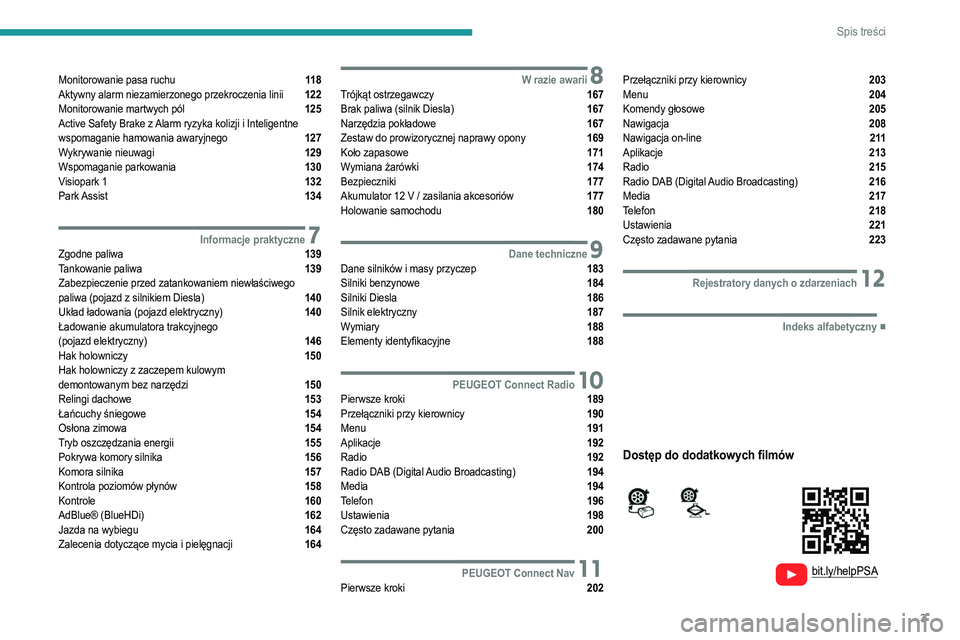 PEUGEOT 2008 2021 Instrukcja obsługi (in Polish) 3
Spis treści
Monitorowanie pasa ruchu 11 8
Aktywny alarm niezamierzonego przekroczenia linii 122
Monitorowanie martwych pól 125
Active Safety Brake z Alarm ryzyka kolizji i Intelig PEUGEOT 2008 2021 Instrukcja obsługi (in Polish) 3
Spis treści
Monitorowanie pasa ruchu 11 8
Aktywny alarm niezamierzonego przekroczenia linii 122
Monitorowanie martwych pól 125
Active Safety Brake z Alarm ryzyka kolizji i Intelig