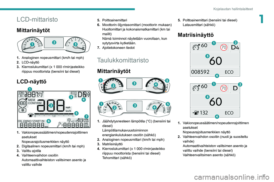 PEUGEOT 2008 2021 Omistajan Käsikirja (in Finnish) 9
Kojelaudan hallintalaitteet
1LCD-mittaristo
Mittarinäytöt
1.Analoginen nopeusmittari (km/h tai mph)
2. LCD-näyttö
3. Kierroslukumittari (x 1
000 r/min)asteikko
riippuu moottorista (bensiin PEUGEOT 2008 2021 Omistajan Käsikirja (in Finnish) 9
Kojelaudan hallintalaitteet
1LCD-mittaristo
Mittarinäytöt
1.Analoginen nopeusmittari (km/h tai mph)
2. LCD-näyttö
3. Kierroslukumittari (x 1
000 r/min)asteikko
riippuu moottorista (bensiin
