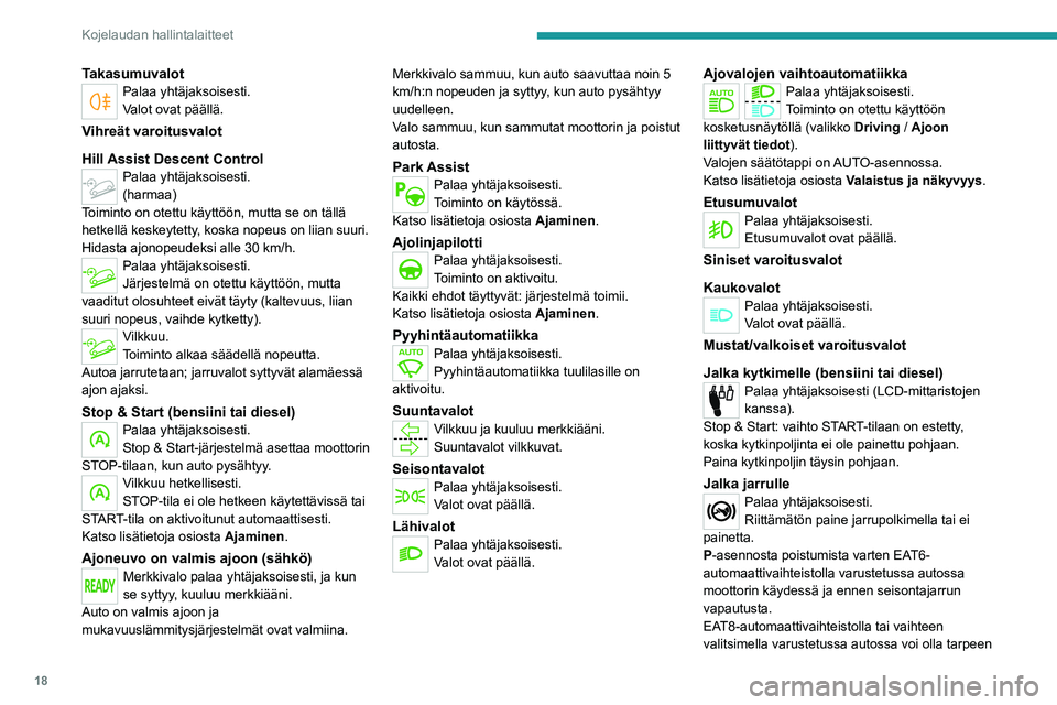 PEUGEOT 2008 2021 Omistajan Käsikirja (in Finnish) 18
Kojelaudan hallintalaitteet
vapauttaa jarrupoljin vaihteiston lukituksen
vapauttamiseksi N-tilasta.
Tämä varoitusvalo palaa edelleen, jos
seisontajarru yritetään vapauttaa ilman
jarrupolkime PEUGEOT 2008 2021 Omistajan Käsikirja (in Finnish) 18
Kojelaudan hallintalaitteet
vapauttaa jarrupoljin vaihteiston lukituksen
vapauttamiseksi N-tilasta.
Tämä varoitusvalo palaa edelleen, jos
seisontajarru yritetään vapauttaa ilman
jarrupolkime