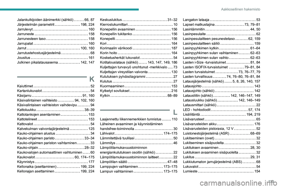 PEUGEOT 2008 2021 Omistajan Käsikirja (in Finnish) 233
Aakkosellinen hakemisto
Jalankulkijoiden äänimerkki (sähkö) 66, 87
Järjestelmän parametrit
198, 224
Jarrulevyt
160
Jarruneste
158
Jarrunesteen taso
158
Jarrupalat
PEUGEOT 2008 2021 Omistajan Käsikirja (in Finnish) 233
Aakkosellinen hakemisto
Jalankulkijoiden äänimerkki (sähkö) 66, 87
Järjestelmän parametrit
198, 224
Jarrulevyt
160
Jarruneste
158
Jarrunesteen taso
158
Jarrupalat