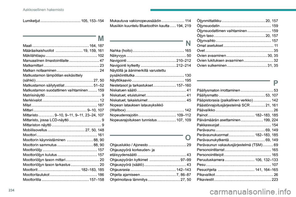 PEUGEOT 2008 2021 Omistajan Käsikirja (in Finnish) 234
Aakkosellinen hakemisto
Lumiketjut 105, 153–154
M
Maali 164, 187
Määräaikaishuollot
19, 159, 161
Mäkilähtöapu
102
Manuaalinen ilmastointilaite
47
Matkamittari
23 PEUGEOT 2008 2021 Omistajan Käsikirja (in Finnish) 234
Aakkosellinen hakemisto
Lumiketjut 105, 153–154
M
Maali 164, 187
Määräaikaishuollot
19, 159, 161
Mäkilähtöapu
102
Manuaalinen ilmastointilaite
47
Matkamittari
23