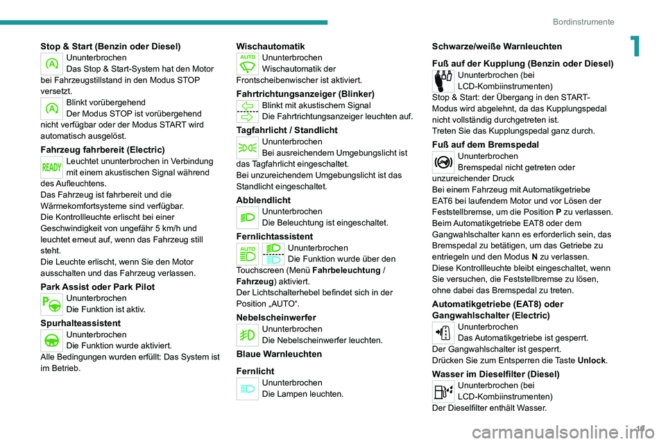 PEUGEOT 2008 2020 Betriebsanleitungen (in German) 19
Bordinstrumente
1Stop & Start (Benzin oder Diesel)Ununterbrochen
Das Stop & Start-System hat den Motor
bei Fahrzeugstillstand in den Modus STOP
versetzt.
Blinkt vorübergehend
Der Modus STOP ist PEUGEOT 2008 2020 Betriebsanleitungen (in German) 19
Bordinstrumente
1Stop & Start (Benzin oder Diesel)Ununterbrochen
Das Stop & Start-System hat den Motor
bei Fahrzeugstillstand in den Modus STOP
versetzt.
Blinkt vorübergehend
Der Modus STOP ist