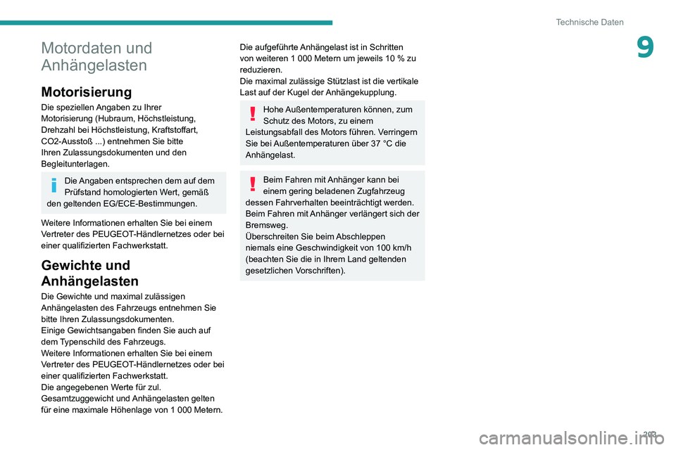 PEUGEOT 2008 2020 Betriebsanleitungen (in German) 203
Technische Daten
9Motordaten und
Anhängelasten
Motorisierung
Die speziellen Angaben zu Ihrer
Motorisierung (Hubraum, Höchstleistung,
Drehzahl bei Höchstleistung, Kraftstoffart,
CO2-Ausstoß PEUGEOT 2008 2020 Betriebsanleitungen (in German) 203
Technische Daten
9Motordaten und
Anhängelasten
Motorisierung
Die speziellen Angaben zu Ihrer
Motorisierung (Hubraum, Höchstleistung,
Drehzahl bei Höchstleistung, Kraftstoffart,
CO2-Ausstoß
