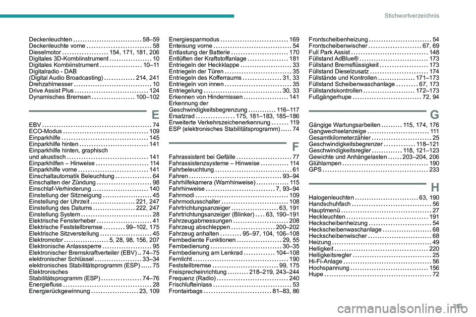 PEUGEOT 2008 2020 Betriebsanleitungen (in German) 253
Stichwortverzeichnis
Deckenleuchten 58–59Deckenleuchte vorne 58Dieselmotor 154, 171, 181, 206Digitales 3D-Kombiinstrument 10Digitales Kombiinstrument 10–11Digitalradio - DAB
(Digit PEUGEOT 2008 2020 Betriebsanleitungen (in German) 253
Stichwortverzeichnis
Deckenleuchten 58–59Deckenleuchte vorne 58Dieselmotor 154, 171, 181, 206Digitales 3D-Kombiinstrument 10Digitales Kombiinstrument 10–11Digitalradio - DAB
(Digit