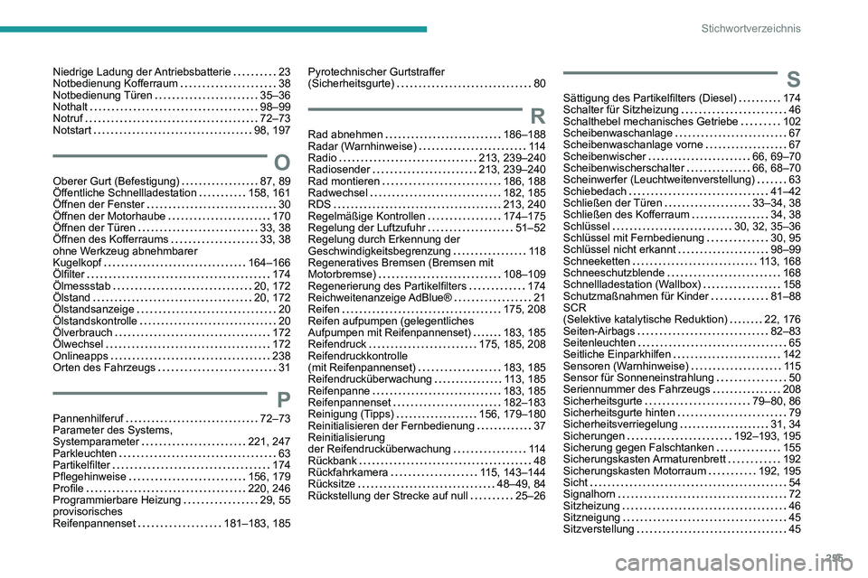 PEUGEOT 2008 2020 Betriebsanleitungen (in German) 255
Stichwortverzeichnis
Niedrige Ladung der Antriebsbatterie 23Notbedienung Kofferraum 38Notbedienung Türen 35–36Nothalt 98–99Notruf 72–73Notstart 98, 197
OOberer Gurt (Befestigung PEUGEOT 2008 2020 Betriebsanleitungen (in German) 255
Stichwortverzeichnis
Niedrige Ladung der Antriebsbatterie 23Notbedienung Kofferraum 38Notbedienung Türen 35–36Nothalt 98–99Notruf 72–73Notstart 98, 197
OOberer Gurt (Befestigung