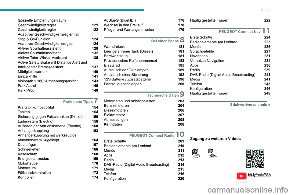 PEUGEOT 2008 2020 Betriebsanleitungen (in German) 3
Inhalt
bit.ly/helpPSA
Spezielle Empfehlungen zum
Geschwindigkeitsregler 121
Geschwindigkeitsregler 122
Adaptiver Geschwindigkeitsregler mit
Stop & Go-Funktion
124
Adaptiver Gesch PEUGEOT 2008 2020 Betriebsanleitungen (in German) 3
Inhalt
bit.ly/helpPSA
Spezielle Empfehlungen zum
Geschwindigkeitsregler 121
Geschwindigkeitsregler 122
Adaptiver Geschwindigkeitsregler mit
Stop & Go-Funktion
124
Adaptiver Gesch