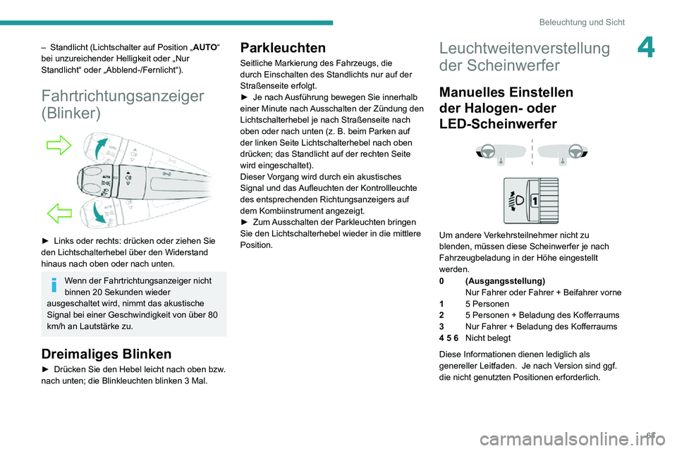 PEUGEOT 2008 2020 Betriebsanleitungen (in German) 63
Beleuchtung und Sicht
4– Standlicht (Lichtschalter auf Position „AUTO“
bei unzureichender Helligkeit oder „Nur
Standlicht“ oder „Abblend-/Fernlicht“).
Fahrtrichtungsanzeiger
(Blink PEUGEOT 2008 2020 Betriebsanleitungen (in German) 63
Beleuchtung und Sicht
4– Standlicht (Lichtschalter auf Position „AUTO“
bei unzureichender Helligkeit oder „Nur
Standlicht“ oder „Abblend-/Fernlicht“).
Fahrtrichtungsanzeiger
(Blink