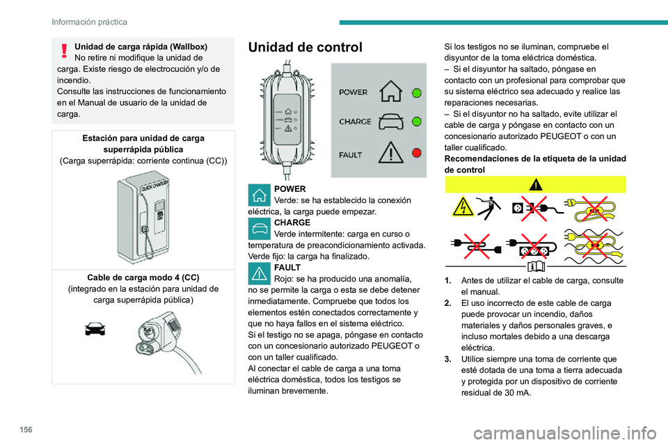 PEUGEOT 2008 2020 Manual del propietario (in Spanish) 156
Información práctica
Unidad de carga rápida (Wallbox)
No retire ni modifique la unidad de
carga. Existe riesgo de electrocución y/o de
incendio.
Consulte las instrucciones de funcionamiento PEUGEOT 2008 2020 Manual del propietario (in Spanish) 156
Información práctica
Unidad de carga rápida (Wallbox)
No retire ni modifique la unidad de
carga. Existe riesgo de electrocución y/o de
incendio.
Consulte las instrucciones de funcionamiento