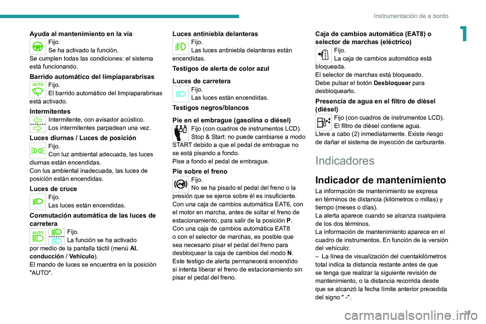 PEUGEOT 2008 2020  Manual del propietario (in Spanish) 19
Instrumentación de a bordo
1Ayuda al mantenimiento en la víaFijo.
Se ha activado la función.
Se cumplen todas las condiciones: el sistema 
está funcionando.
Barrido automático del limpiaparabr