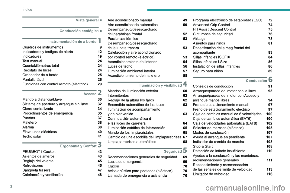 PEUGEOT 2008 2020 Manual del propietario (in Spanish) 2
Índice
■
Vista general
■
Conducción ecológica
1Instrumentación de a bordo
Cuadros de instrumentos 9
Indicadores y testigos de alerta 12
Indicadores 19
Test manual 24
PEUGEOT 2008 2020 Manual del propietario (in Spanish) 2
Índice
■
Vista general
■
Conducción ecológica
1Instrumentación de a bordo
Cuadros de instrumentos 9
Indicadores y testigos de alerta 12
Indicadores 19
Test manual 24